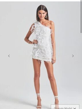 Retrofête Sina White One-Shoulder Feather Mini Dress